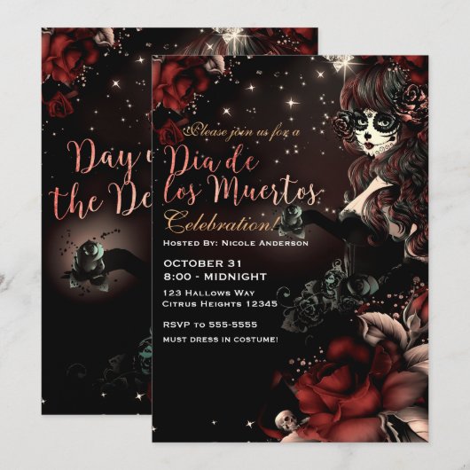 死者の日 Dia de los Muertos 赤黒 招待状 (正面/裏面)