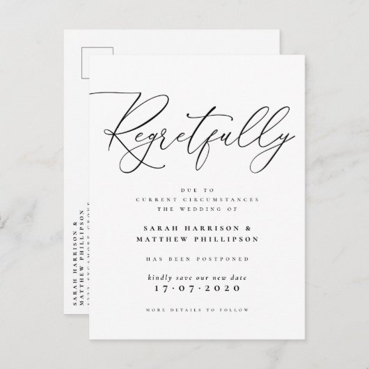 残念ながらブラック＆ホワイトの結婚式は延期に インビテーションポストカード (正面/裏面)