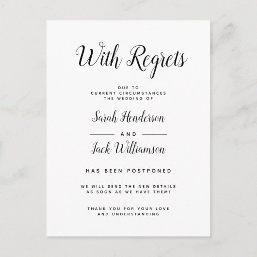 残念ながら延期　結婚式のご案内 インビテーションポストカード (正面)