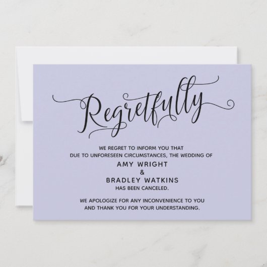 残念な優雅なラベンダー色の結婚式中止カード 招待状 (正面)
