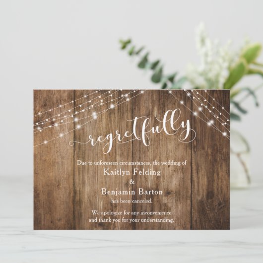 残念な木製とライトのキャンセルカード 招待状 (スタンド正面)