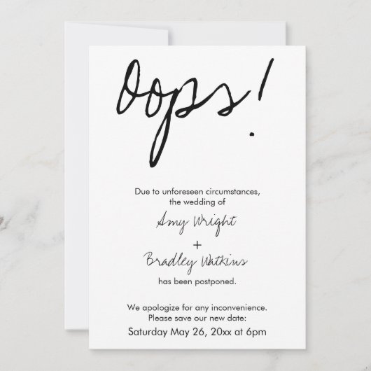 「残念！」延期された結婚式のお知らせ（ユーモア版） 招待状 (正面)