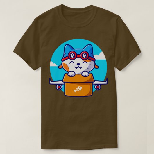 段ボール漫画のかわいい猫飛行機 Tシャツ (デザイン正面)