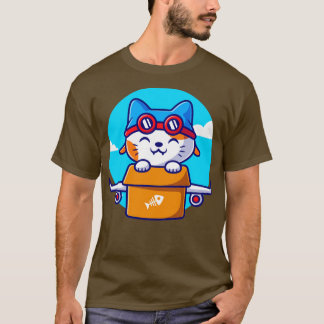 段ボール漫画のかわいい猫飛行機 Tシャツ