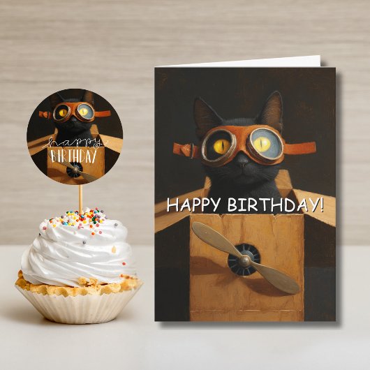 段ボール飛行機のパイロット 黒猫の誕生日 カード