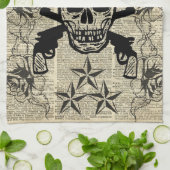 殺し屋、幸せなスカル、銃、バラ、ギフト、十代の若者たち、石 キッチンタオル (折り畳み)