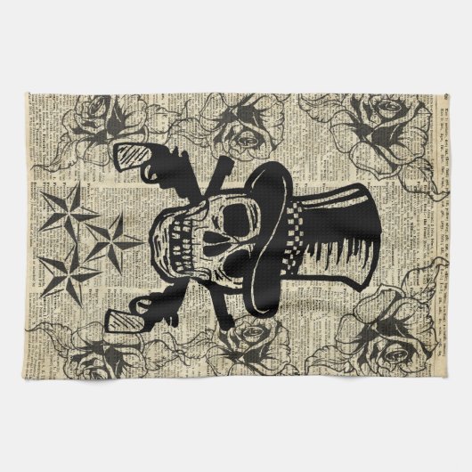 殺し屋、幸せなスカル、銃、バラ、ギフト、十代の若者たち、石 キッチンタオル (横)