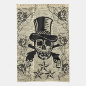 殺し屋、幸せなスカル、銃、バラ、ギフト、十代の若者たち、石 キッチンタオル (縦)