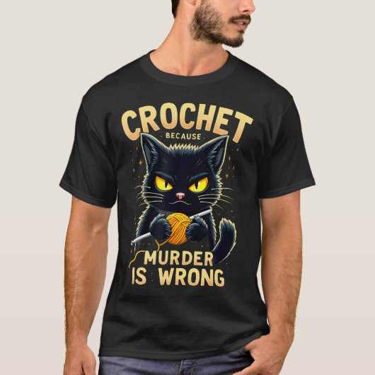 殺人は間違いだからクロシェ・キルトをする黒猫 Tシャツ (正面)