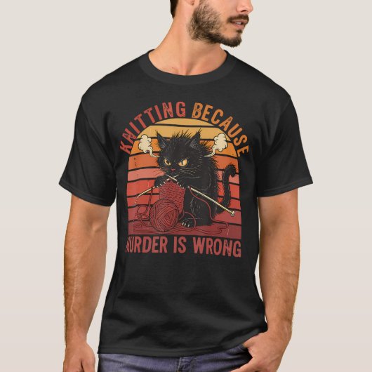 殺人は間違い 毛糸を編む怒れる猫 Tシャツ (正面)