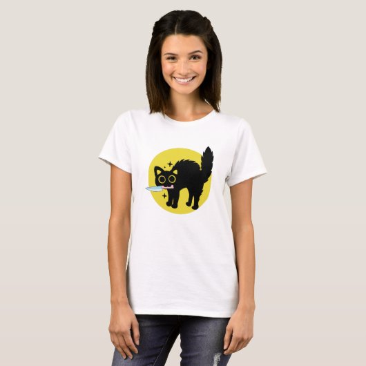 殺意おもしろいのある黒猫、かわいい子猫とナイフ Tシャツ (正面フル)