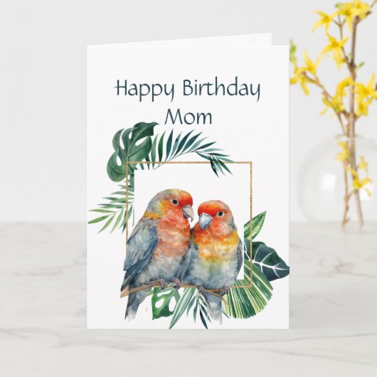 母おもしろいのオウムのカップル鳥のための誕生日 カード (黄色い花)
