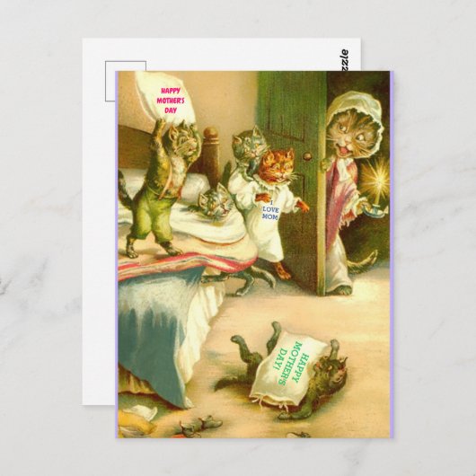 母おもしろいの日の猫と子猫のビンテージ・イメージ ポストカード (正面/裏面)