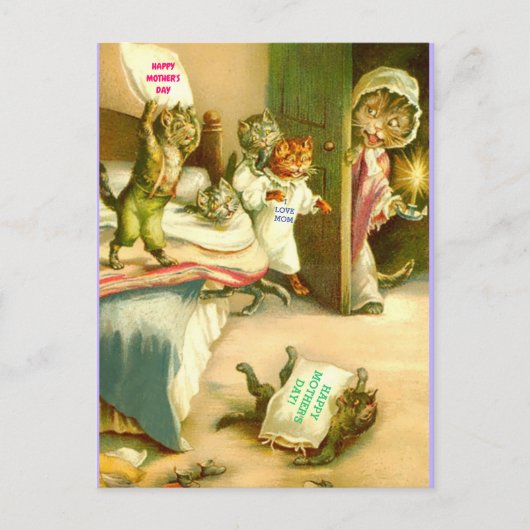 母おもしろいの日の猫と子猫のビンテージ・イメージ ポストカード (正面)