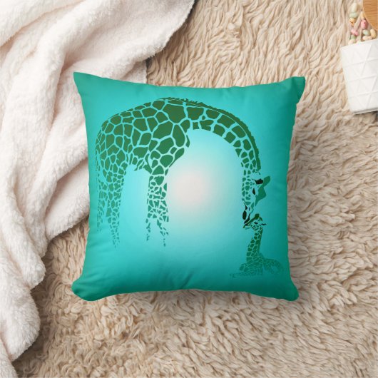 母およびかわいいベビーのキリン|のティール(緑がかった色) クッション (ブランケット)