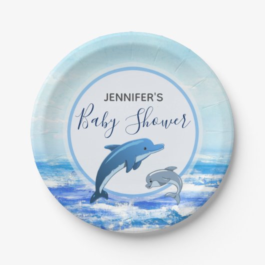 母およびベビーのイルカの海のテーマのベビーシャワー ペーパープレート (正面)