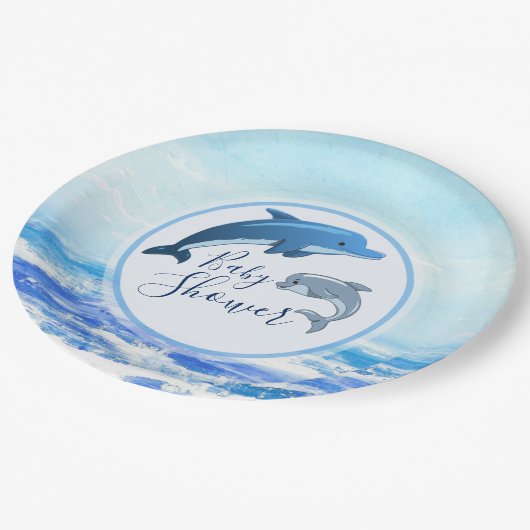 母およびベビーのイルカの海のベビーシャワー ペーパープレート (アングル)