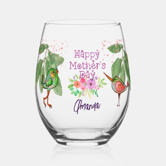 母かわいらしの日の鳥 ステムなしワイングラス (正面)