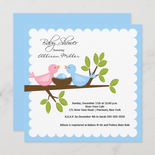 母とパパの鳥とベビーの鳥の赤ちゃんシャワー 招待状 (正面/裏面)