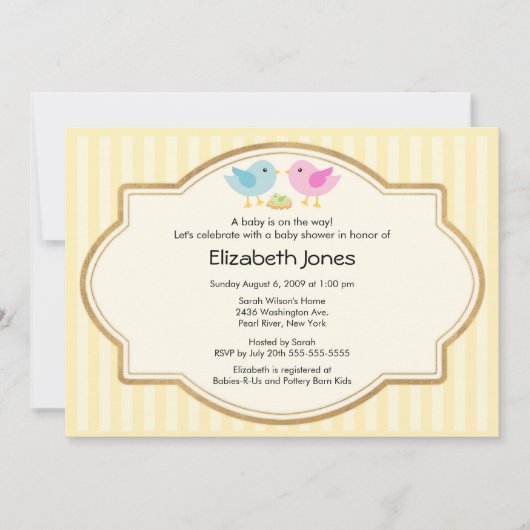 母とパパの鳥とベビーの鳥の赤ちゃんシャワー 招待状 (正面)