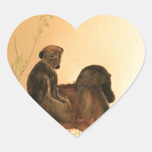 母とベビーのヒヒ – 野生動物のサル霊長類 ハートシール (正面)