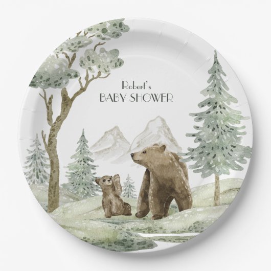 母とベビーは水の色の森の招待 ペーパープレート (正面)