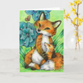 母とベビーキツネかわいい動物グリーティングカード カード (黄色い花)