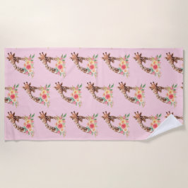 母とベビーキリンのペアかわいい水色パターン ビーチタオル