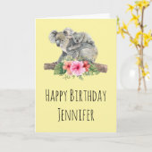 母とベビーコアラ可愛い水色を生む カード (黄色い花)