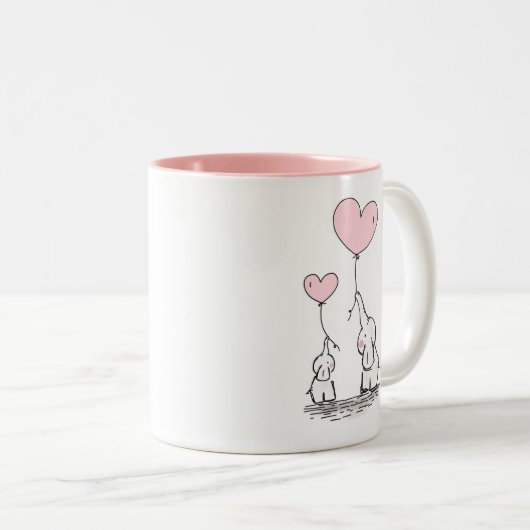 母とベビーゾウとハート風船 ツートーンマグカップ (正面右)