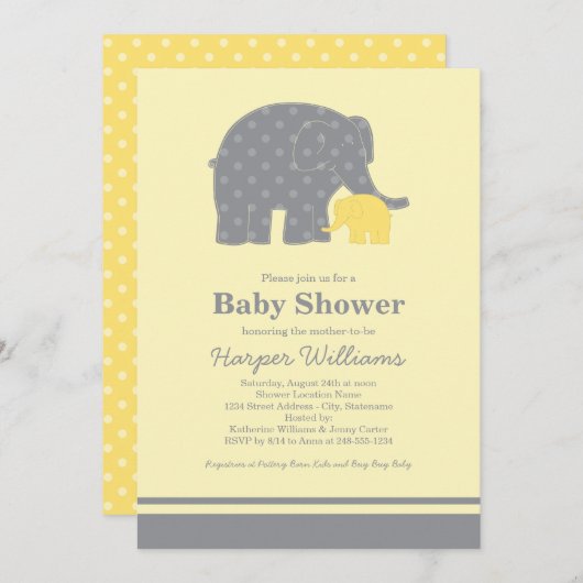 母とベビーゾウのシャワーイエローとグレー 招待状 (正面/裏面)