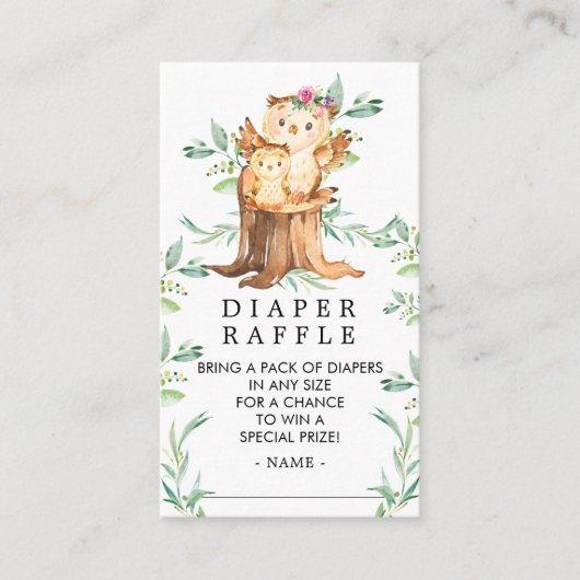 母とベビーフクロウ赤ちゃんシャワーおむつラッフルチケット エンクロージャーカード (正面)
