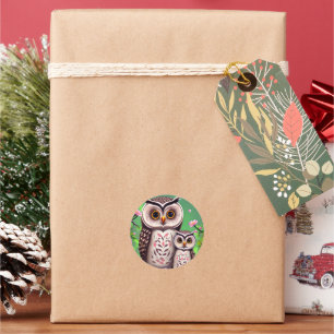 母とベビーフクロウ ラウンドシール