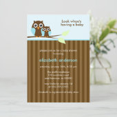 母とベビーフクロウ{blue}赤ちゃんシャワー 招待状 (スタンド正面)