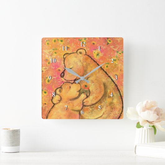 母とベビーベア – 母の日 – 文字/名前の追加 スクエア壁時計 (ホーム)
