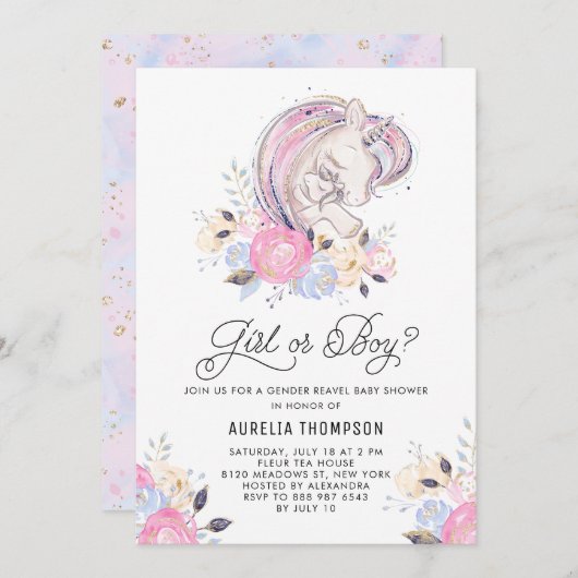 母とベビーユニコーンジェンダーが赤ちゃんシャワーを明かす 招待状 (正面/裏面)