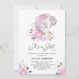 母とベビーユニコーン女の子の赤ちゃんシャワー 招待状