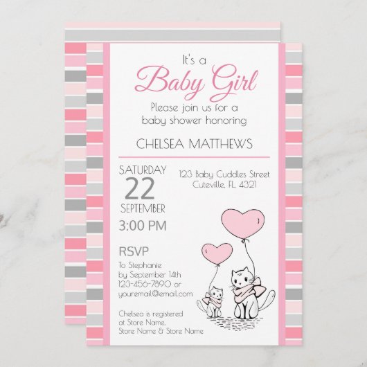 母とベビー猫とハート招待状 招待状 (正面/裏面)