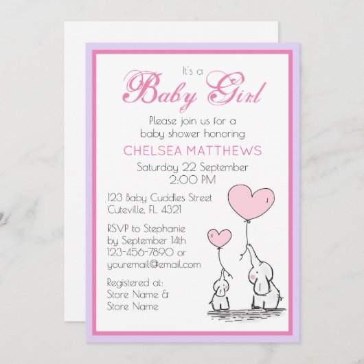 母とベビー象とハートバルーン女の子 招待状 (正面/裏面)