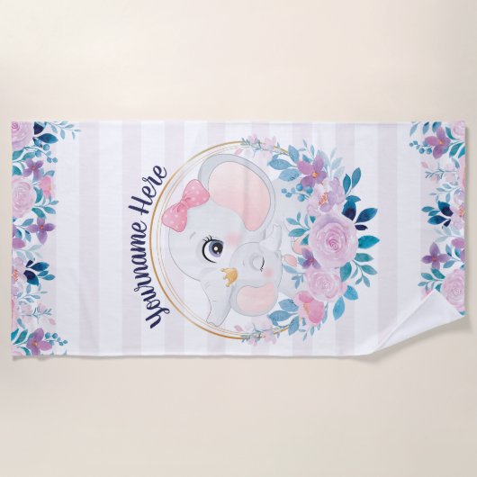 母とベビー象ピンク赤面花リース ビーチタオル (正面)