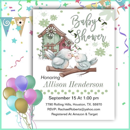 母とベビー鳥の赤ちゃんシャワー付き鳥小屋 招待状