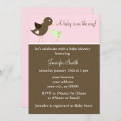 母とベビー鳥女の子ベビーシャワー 招待状 (正面/裏面)