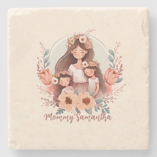 母と二人の娘がフローラフレームに ストーンコースター (正面)