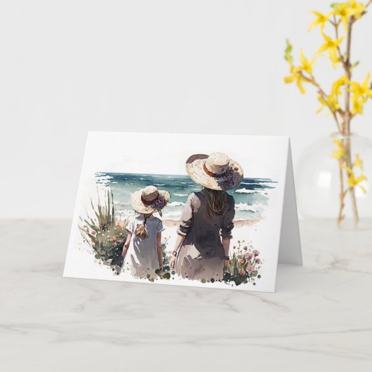 母と娘が海岸で カード (黄色い花)