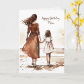 母と娘のビーチ水絵画色 カード (黄色い花)