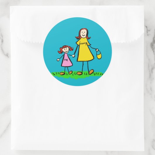 母と娘の家族キャラクターアートステッカー ラウンドシール (バッグ)