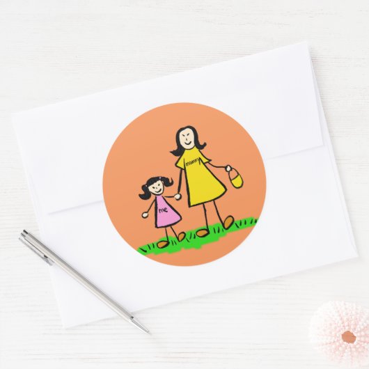 母と娘の家族キャラクターアートステッカー ラウンドシール (封筒)