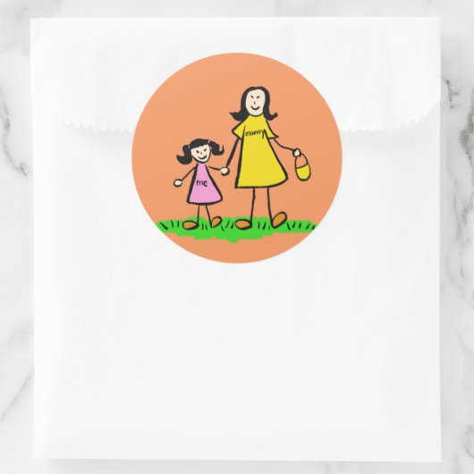 母と娘の家族キャラクターアートステッカー ラウンドシール (バッグ)