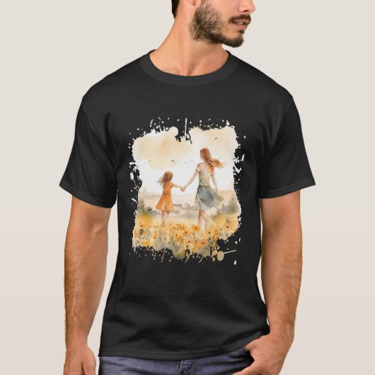 母と娘の花の牧草地の水色2 Tシャツ (正面)