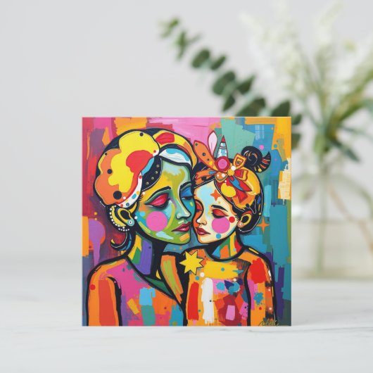 母と娘カラフルの芸術の母の日 カード (スタンド正面)